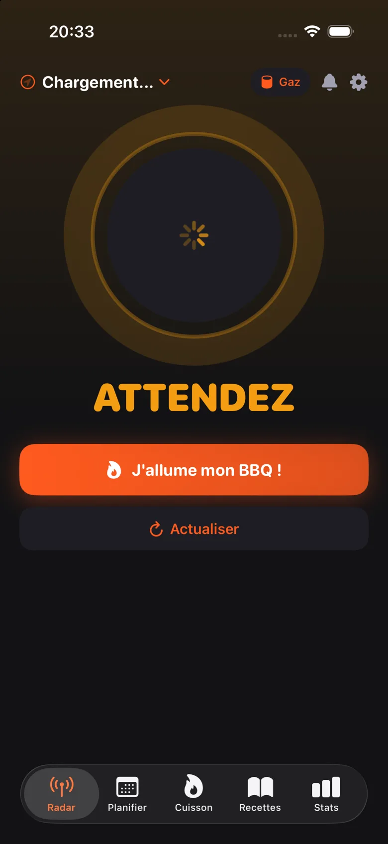 Tableau de bord Merguez : verdict météo ATTENDEZ et bouton J'allume mon BBQ